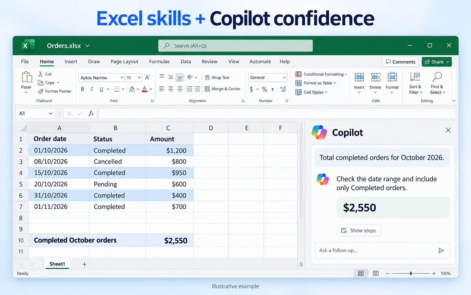 Illustrative Excel worksheet and Copilot panel showing how a clear prompt supports a checked result.
