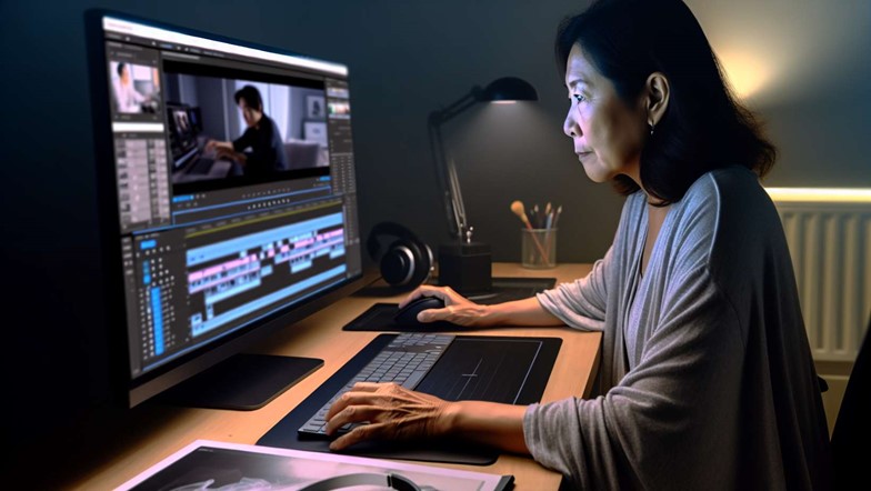 A person using Adobe Premiere Pro on a computer