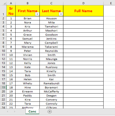 Microsoft Excel list with names