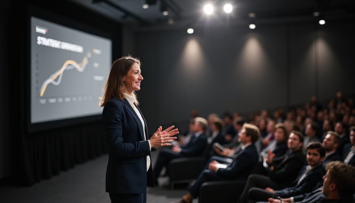 Confident speaker presenting on stage