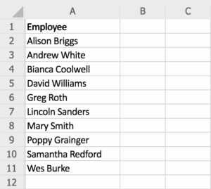 List of employee names in a spreadsheet