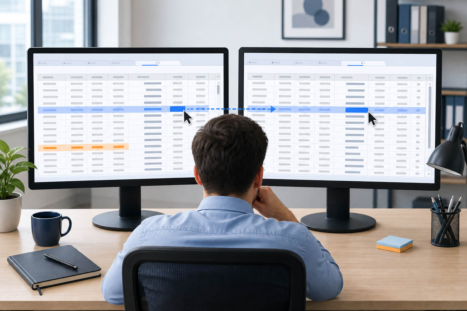 An office worker manually matching highlighted rows between two spreadsheet files on separate monitors, with one potentially missed row shown in orange.