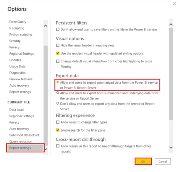 report settings power bi