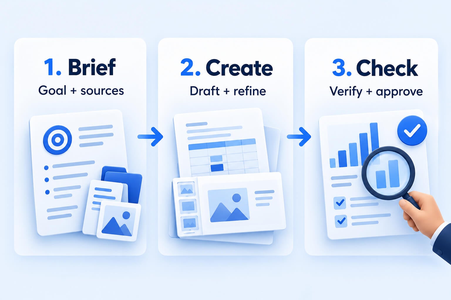 Three-step AI workflow: brief with goals and sources, create and refine a draft, then verify and approve.