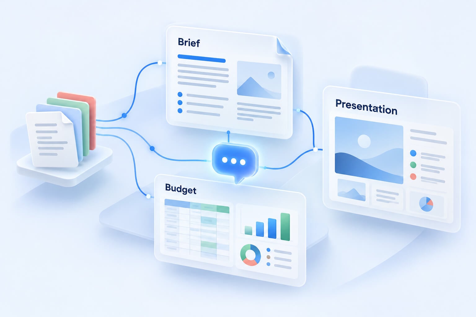 Illustration of source files connected to a project brief, budget and presentation through AI assistance.