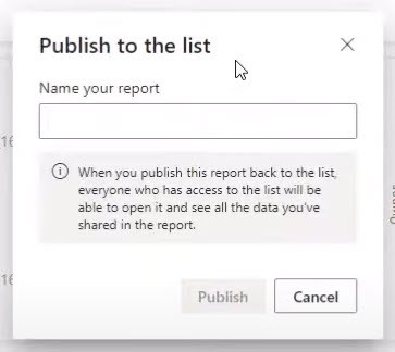 Dialog box for Publishing report to the list